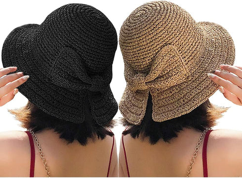 Foldable Wide Brim Floppy Straw Beach Sun Hat,Summer Cap with Bowknot for Women Girls,Strap Adjustable...