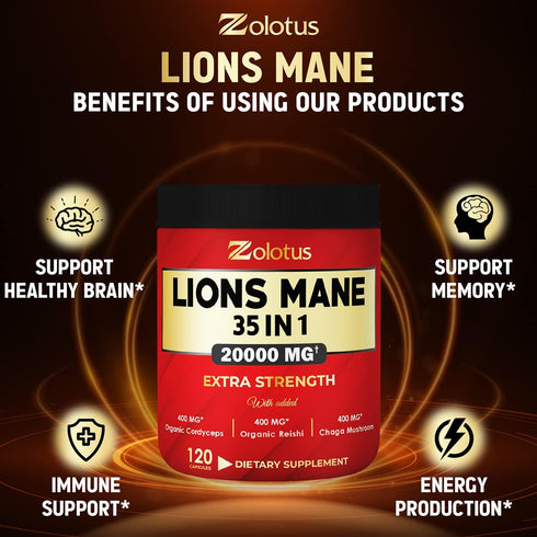 35 in 1 Lions Mane Mushroom Capsules, Equivalent to 20000mg, with Cordeyceps, Reishi, Elderberry, Panax Ginseng, Focus, Memory & Brain Support Sup...