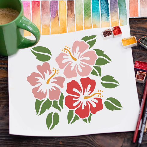FINGERINSPIRE Hibiscus Flowers Stencil 11.8x11.8 inch Hawaii Flower Stencil Reusable Square Flowers Leaf Plant Washable DIY Stencil Template for P...