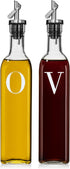 GREENOLIVE Olive Oil and Vinegar Dispenser Set - 17 oz. Glass Bottles with No-Drip BPA-Free Spouts - Stylish O and V Identifiers for Kitchen and D...
