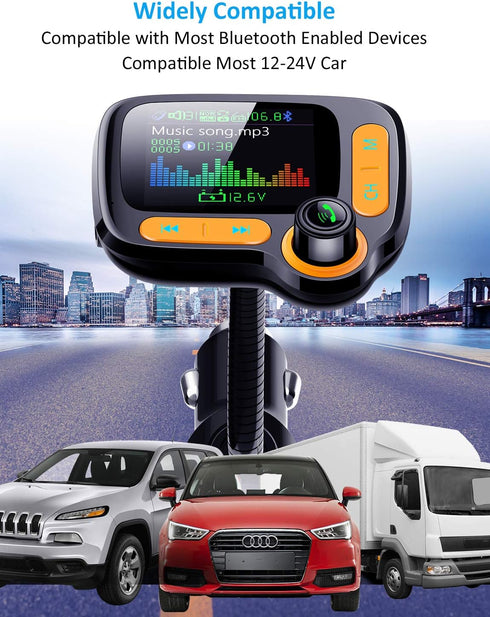 Bluetooth FM Transmitter Car Adapter,Support Wireless Handsfree Call and MP3 Music/APP Audio Play,1.8" Color Screen,3 USB Charger,3.5mm AUX Port,C...