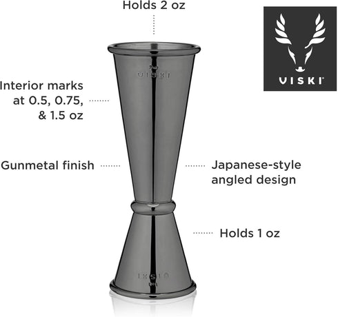 Viski Japanese Style Double Jigger for Cocktails, Bar Kit Essential, 1oz and 2oz with Interior Measurements, Stainless Steel with Gunmetal Finish,...
