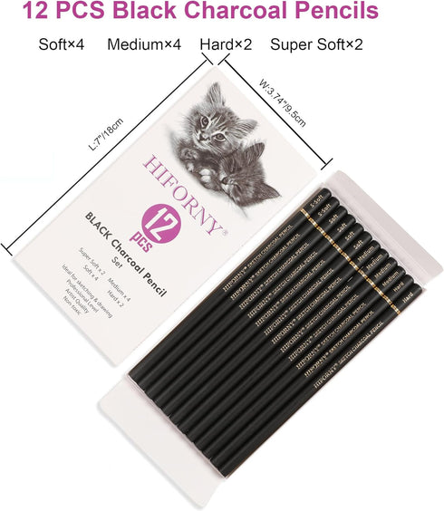 12 Pieces Charcoal Pencils Drawing Set - Super Soft,Soft,Medium and Hard Charcoal Pencils for Drawing,Sketching,Shading,Blending,Portrait...
