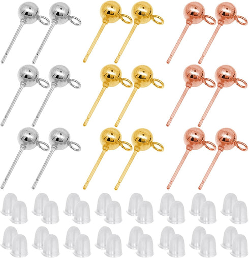 600Pcs Ball Post Earring Studs Set for Jewelry Making,300Pcs Earring Studs Ball Ear Pin Ball Post Earrings with Loop with 300Pcs Rubber Earring Ba...