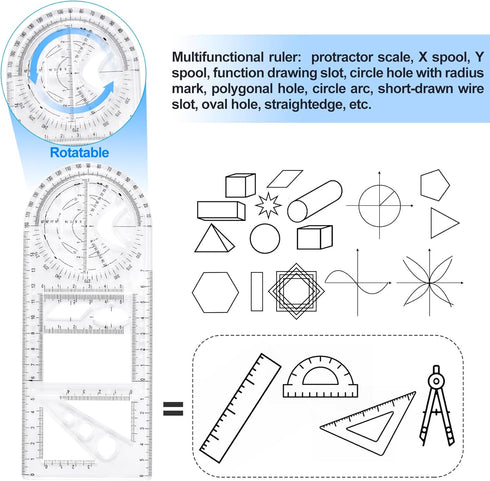 3pcs Multifunctional Geometric Ruler+ 1pc Circle Templates Protractor Plastic Mathematics Drawing Ruler for Student School Office Supplies and Bui...