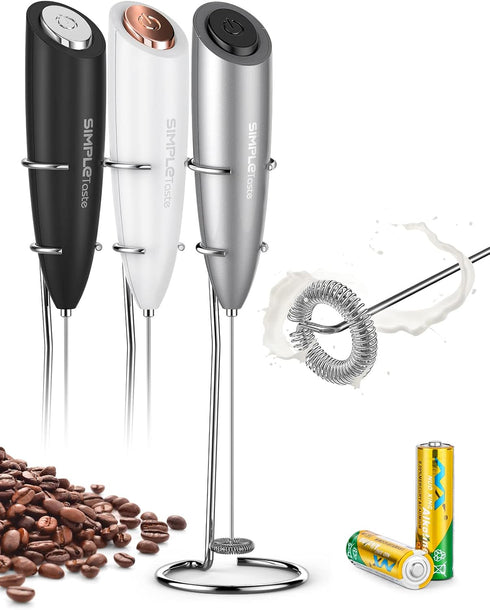 SIMPLETaste Milk Frother Handheld Battery Operated Electric Foam Maker, Drink Mixer with Stainless Steel Whisk and Stand for Cappuccino, Bulletpro...