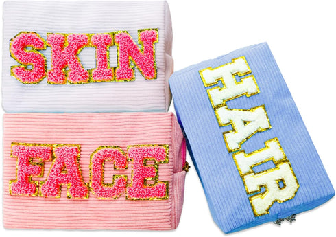 3 Pcs Chenille Letters Preppy Makeup Bag Bulk Set Corduroy Hair Face Skin Cosmetic Pouch Cute Toiletry Travel Organized Bag with Zipper for Women ...