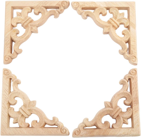 MUXSAM 4Pcs Wood Carved Appliques Onlays, Unpainted Wooden Corner Carvings Decals Frame Molding Set for Wall Door Mirror Cabinet Dresser Cupboard ...