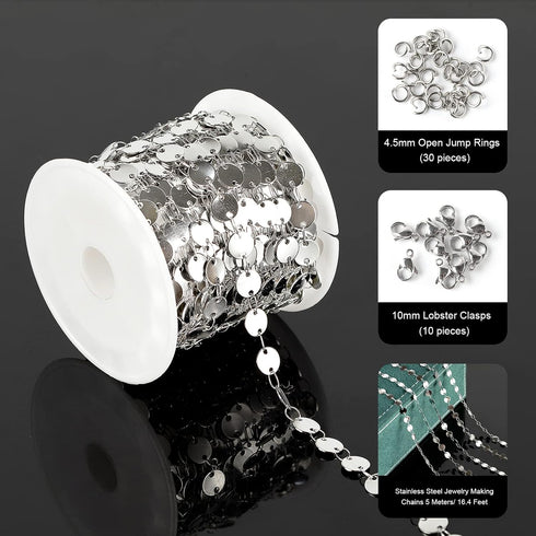 UMAOKANG Silver Chain for Jewelry Making, 16.4 Feet Stainless Steel Flat Sequin Link Chain Bulk Chain Necklace Bracelet DIY Jewelry Supplies Findi...