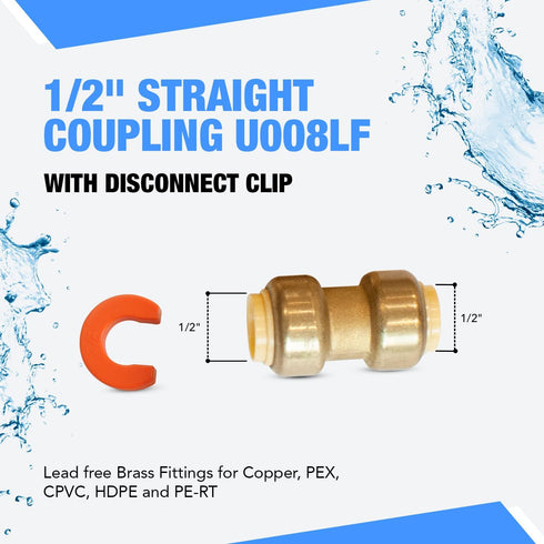 1/2" Straight Coupling U008LF with Disconnect Clip - Push to Connect Plumbing Supplies - Lead-free Brass Fittings for Copper, PEX, CPVC, HDPE and ...