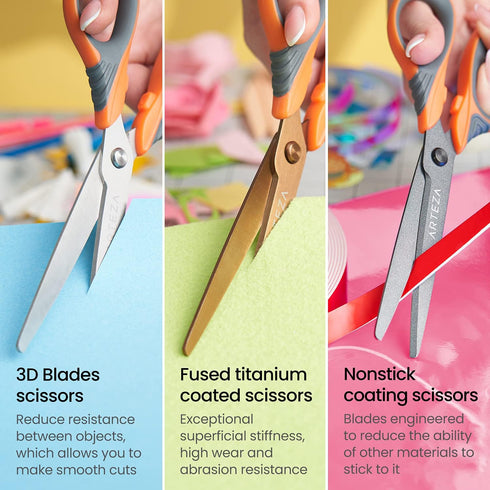 Arteza Craft Scissors, Set of 3, 8-Inch Scissors with Different Blades, Titanium Nonstick Stainless Steel Blades, Craft Supplies for Scrapbooking,...