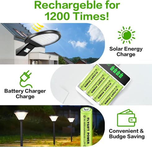 AA Rechargeable Batteries 800mAh Ni-MH Double A 1.2V High Capacity Precharged Solar Batteries for Garden Lights, Pathway Lights, Landscape Outdoor...