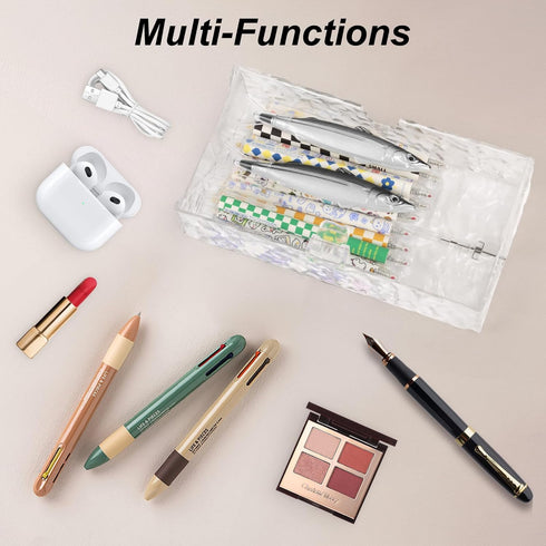 Glacier Pencil Case,Large Capacity Plastic Pencil Case Organizer Translucent Multi Functional Automatic Push Buttons Pencil Box Sketching Storage ...