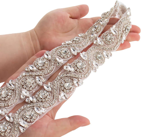 ShiDianYi Wedding Rhinestones Pearls Trim, 1 Yard Long Silver Rhinetones for Dress, Bridal Applique, Crystal Beaded Applique...