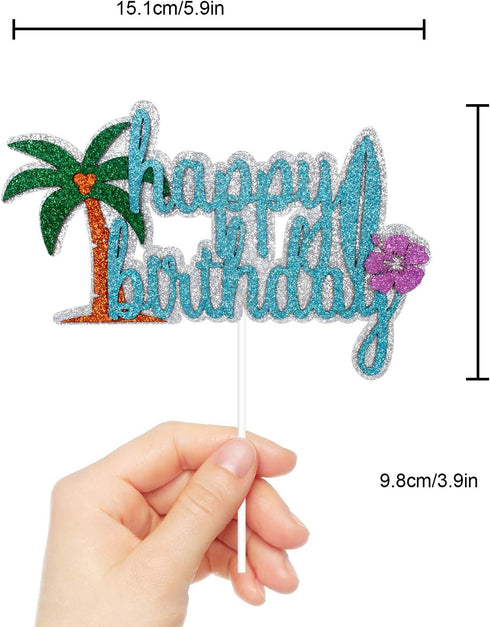 Hawaii Birthday Cake Topper - Tropical Hawaiian Luau Party Glitter Palm Tree Cake Topper Supplies - Summer Holidays Cake Topper Party Decorations...