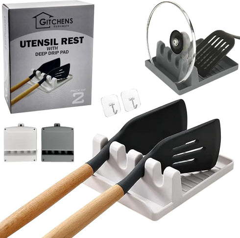 Premium Utensil And Spoon Rest with Deep Drip Pad And Pot Lid Holder | Utensils And Spoons Cooking Stand for a Clean Grill, Stove And Kitchen | 2 ...