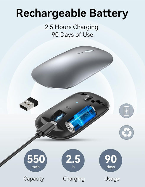 TECKNET Wireless Mouse, BT5.0/3.0 2.4GHz Silent Computer Mouse with USB Receiver,4000DPI Rechargeable Portable Bluetooth Mouse for Laptop/MacBook/...