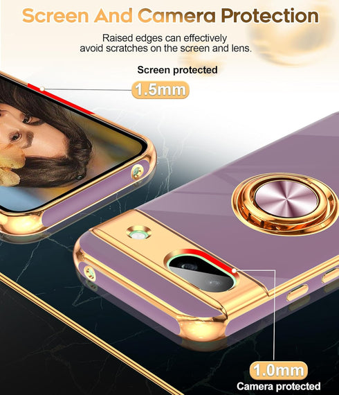 LeYi for Google Pixel 8A Phone Case: with 360° Rotatable Ring Holder Magnetic Kickstand, Plating Rose Gold Edge Protective Google Pixel 8A Case, P...