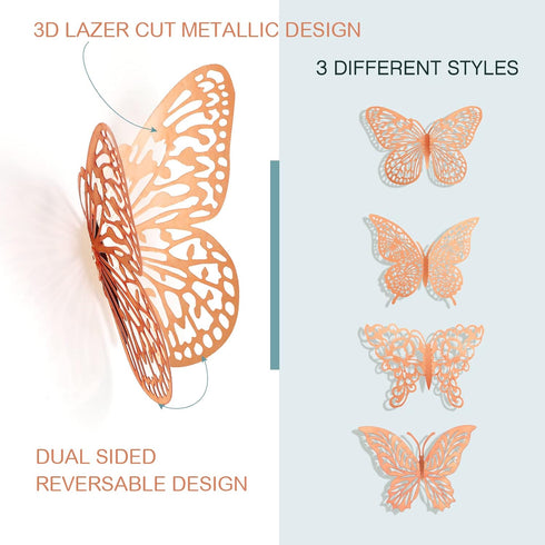 3D Gold Butterfly Wall Decor 3 Sizes 4 Styles Butterfly Party Decorations Cake Decorations Removable Stickers Wall Decor Room Mural Metallic Kids ...
