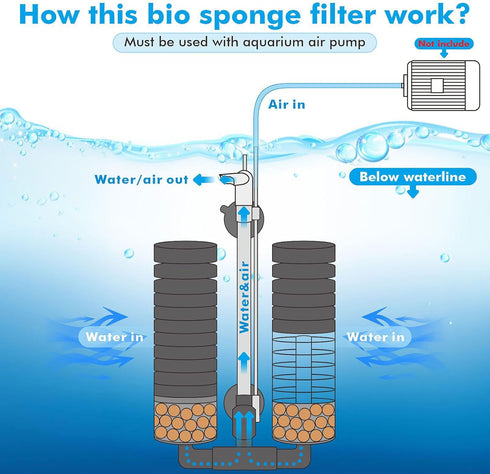 Aquarium Sponge Filter for 10-20 Gallon Fish Tank, Double Sponge with Ceramic Media Ball, for Fry Betta Shrimp Nano Tank,with 2 Spare Sponges and ...