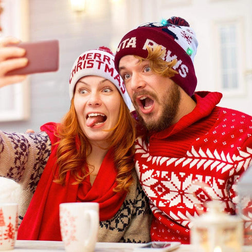OurWarm LED Christmas Hat Light Up Holiday Hat Cute Reindeer Snowflakes Red Knitted Hat Christmas Beanie with 6 Colorful Lights for Kids Adults Fa...