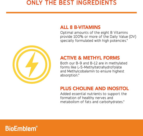 BioEmblem Vitamin B-Complex - All 8 Active Forms with Methyl Folate, Methyl B12, B6, Biotin Plus Choline Inositol, Supports Energy, Metabolism, Br...