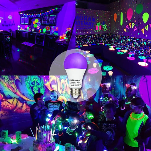 FAGUANGAO LED Black Light Bulb,9W(75Watt Equivalent) A19 UV Blacklight Bulb,120V,UVA Level 390-400nm,E26 Medium Base,Glow in The Dark for Blacklig...