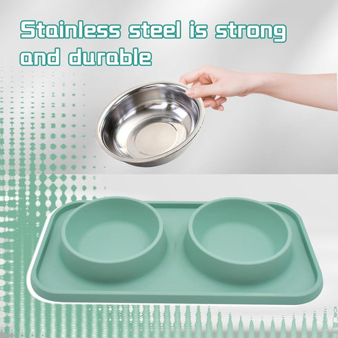 Double Dog Food Bowls Stainless Steel with No Spill Non Skid Silicone Mat Removable Dog Water and Food Bowls Set Durable Feeding Bowls for Small D...