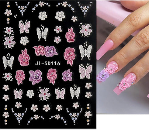 JMEOWIO 3D Embossed Flower Nail Art Stickers Decals Self-Adhesive Pegatinas Uñas 5D Spring Summer Floral Heart Nail Supplies Nail Art Design Decor...