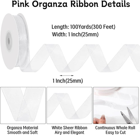White Sheer Ribbon, 100 Yards 1 Inch White Organza Chiffon Tulle Ribbon for Gift Wrapping Crafts Flower Bouquet Wedding Invitation Party Home Deco...