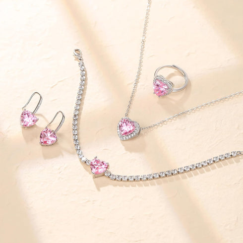 Crysdue Heart Prom Jewelry Set for Women, Silver Pink Cubic Zirconia Pendant Necklace Dangle Earrings Tennis Bracelet Open Ring for Party, Birthda...