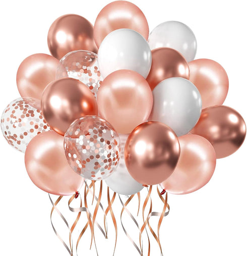 Zesliwy Rose Gold Confetti Balloons, 50 Pack 12 inch White and Rose Gold Latex Balloons with 33 Feet Rose Gold Ribbon for Birthday Party Wedding G...