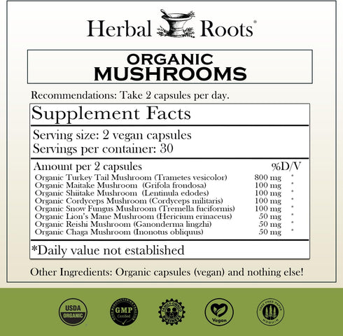 Herbal Roots Organic 8 Mushroom Blend Supplement Capsules - 100% Fruiting Body Extracts - Wellness and Immunity - 60 Vegan Capsules...