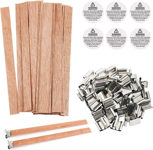 BENBO 154Pcs Wood Candle Wicks, 5.1 X 0.5 Inch Smokeless Crackling Natural Wicks with Iron Stand and Candle Warning Labels for DIY Craft (50 Sets)...