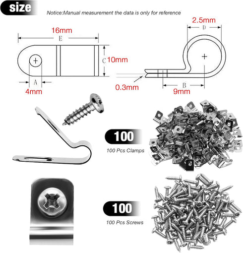 100Pcs Wire Fence Clips w/Screws, Stainless Steel Fencing Mounting Clips, 2.5mm Diameter Cattle Panel Clips, Screws for 2-6 Gauge, Wire Clip for V...