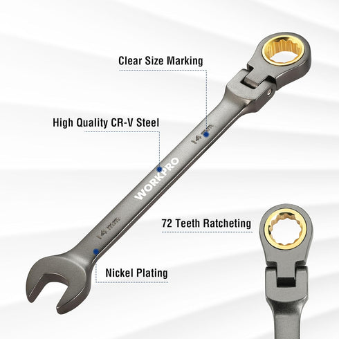 WORKPRO 14 mm Flex-Head Ratcheting Combination Wrench, 72-Teeth, Cr-V Constructed, Nickel Plating...