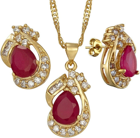 RIZILIA Pear Cut Red Ruby Yellow Gold Plated Jewelry Set, Pendant with 18" Chain Stud Earrings...