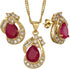 RIZILIA Pear Cut Red Ruby Yellow Gold Plated Jewelry Set, Pendant with 18" Chain Stud Earrings...