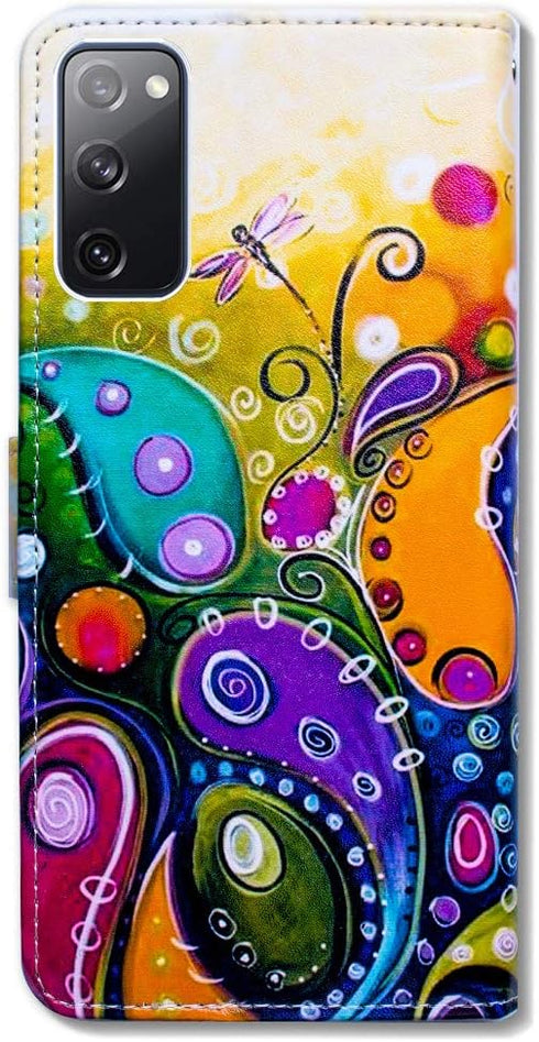 Case for Galaxy S20 FE 5G, Colorful Dragonfly Leather Flip Case Wallet Cover with Card Slot Holder Kickstand for Samsung Galaxy S20 FE 5G / S20 Fa...