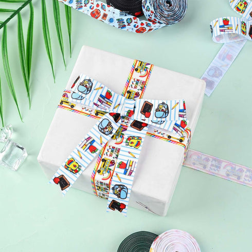12Rolls 60 Yards Back to School Grosgrain Ribbon Colorful School Bus Pencil Book Apple Patterned Fabric Ribbon Teacher Grosgrain Ribbon for Gift W...