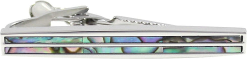 Classic Rhodium Plated Two Line Abalone Tie Clip With Box Abalone Stripe Tie Bar...