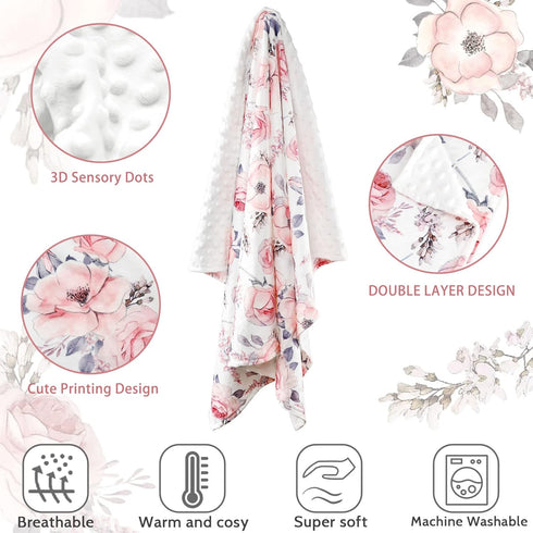 Baby Blanket for Girls, Super Soft Double Layer Minky Blankets with Dotted Backing, Floral Newborn Nursery Bed Blanket, Pink Flower, 30 X 40 Inche...