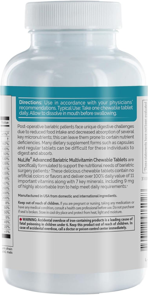 Nu-Life Advanced Bariatrics Multivitamin Chewable Tablets, Bariatric Mulivitamin with Iron - Tropical Berry (60 Chewable Tablets) (Packaging May V...
