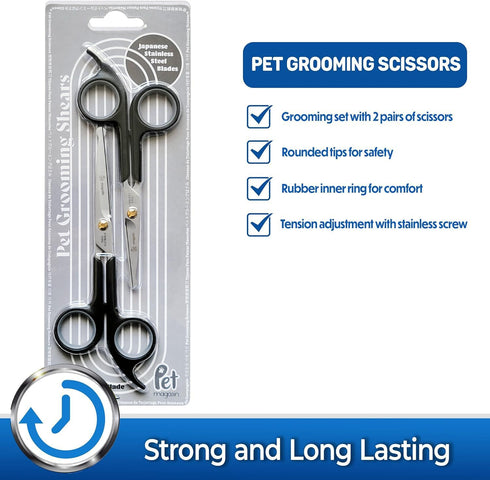 Pet Magasin Japanese Stainless Steel Grooming Scissors (2) for Facial hair and Larger for Body Trimming with Round Tip - Black...
