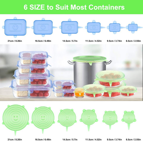 Silicone Stretch Lids, 12 Pcs Silicone Lids, 6 Sizes BPA-free Silicone Bowl Covers Reusable for Cups, Bowls and Dish, Flexible, Round and Rectangl...