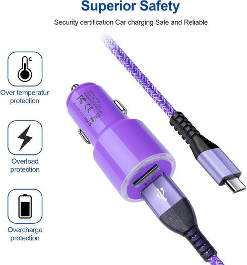 Dual 4.8A Fast Car Charger with Android Micro USB Cable for Samsung Galaxy S7 S6 J8 J7/J7V/Star/Crown/Prime/Refine J3, Note 5 4, Moto E4 E5 G4 G5 ...