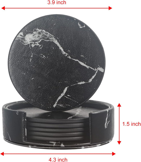Coasters for Drinks, WAYIFON 6 PCS Premium PU Leather Drink Coasters with Holder, Heat Resistant Round Cup Mat Pad - Protect Table from Stains and...