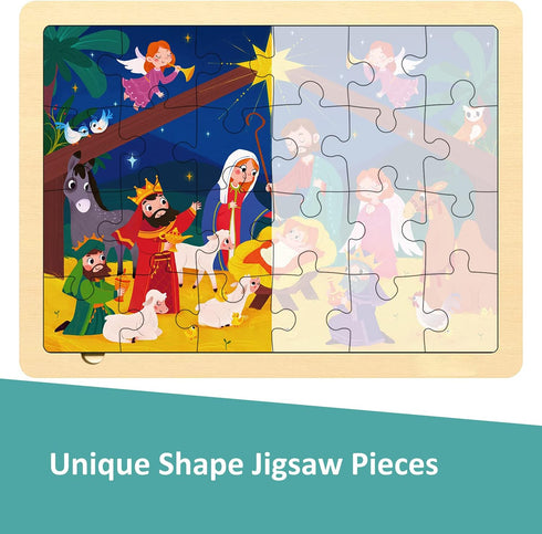 Nativity Scene Kids 24 Piece Puzzle for 3 Year Old, Unique Shape Jigsaw Pieces Christmas Wooden Jigsaw Puzzles for Toddlers Ages 3-5, Preschooler ...