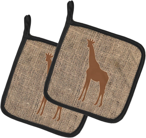 Caroline's Treasures BB1001-BL-BN-PTHD Giraffe Burlap and Brown Pair of Pot Holders Kitchen Heat Resistant Pot Holders Sets Oven Hot Pads for Cook...