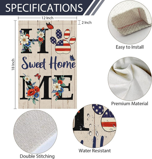 Home Sweet Home Patriotic Garden Flag 4th of July Floral Flag 12x18 Inch Double Sided, America Independence Day Flag Memorial Day Butterfly Yard B...